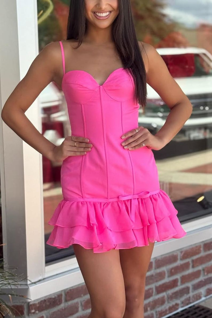 Spaghetti Straps Sweetheart Ruffles Sleeveless Short Homecoming Party Dress