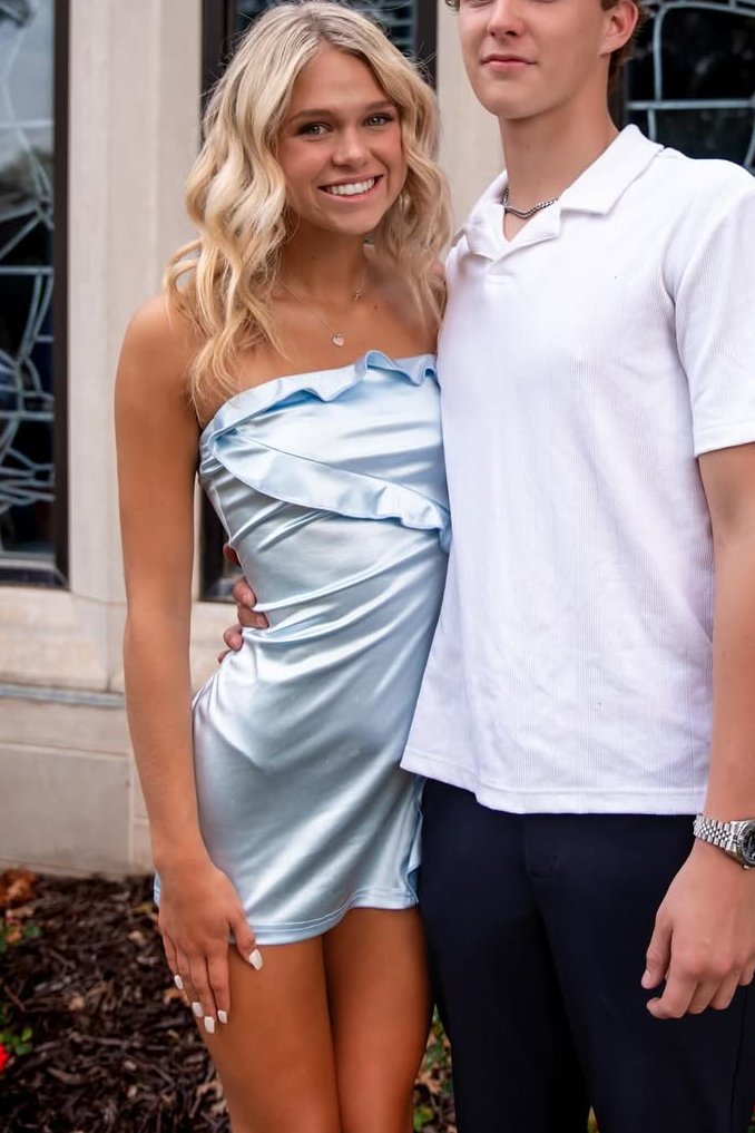 Blue Cute Strapless Ruffles Satin Pleats Mini Party Homecoming Dress