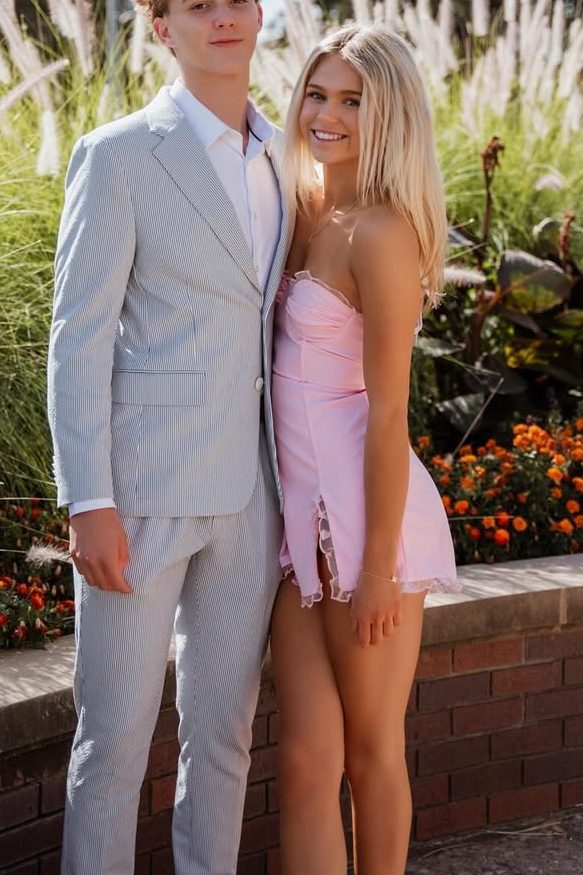 Pink Strapless Empire-Waist Mini Homecoming Dress with Lace
