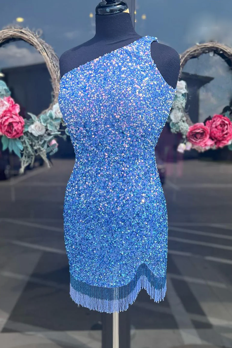 One Shoulder Sequined Sleeveless Fringes Homecoming Cocktail Dress