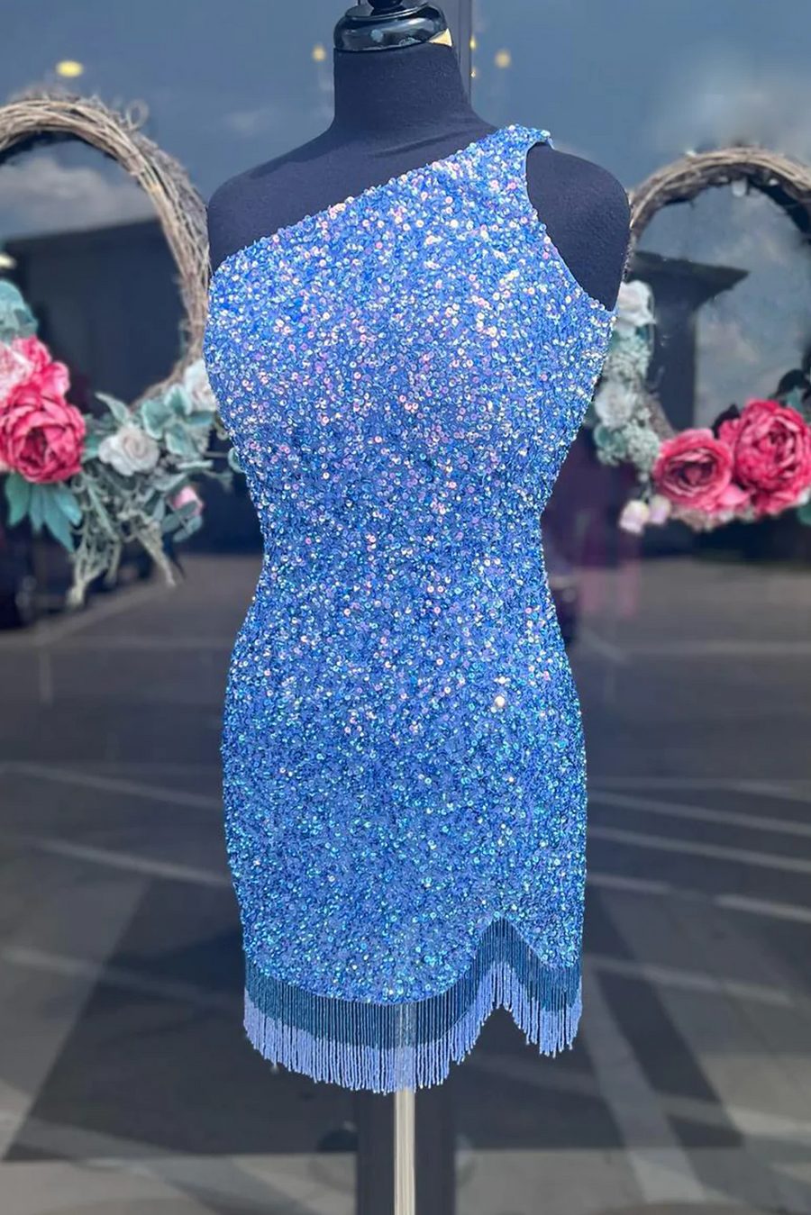 One Shoulder Sequined Sleeveless Fringes Homecoming Cocktail Dress