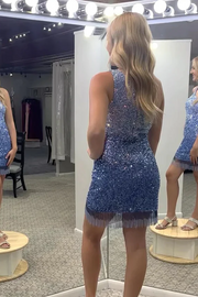 One Shoulder Sequined Sleeveless Fringes Homecoming Cocktail Dress