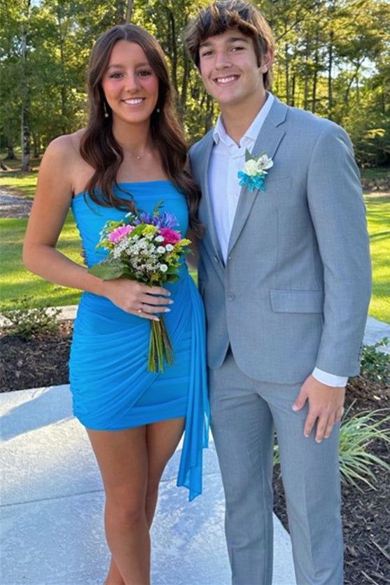 Unique Strapless Scoop Neck Pleated Tulle Sheath Homecoming Dress