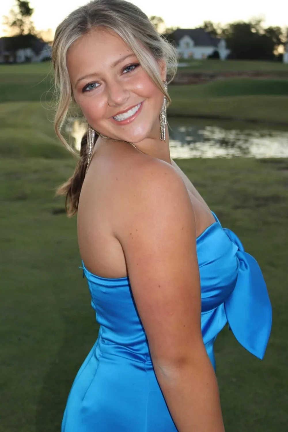 Blue Strapless Keyhole Bow Satin Sleeveless Short Cocktail Homecoming Dress