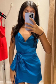 Spaghetti Straps Cowl Neck Pleated Satin Sleeveless Mini Homecoming Dress