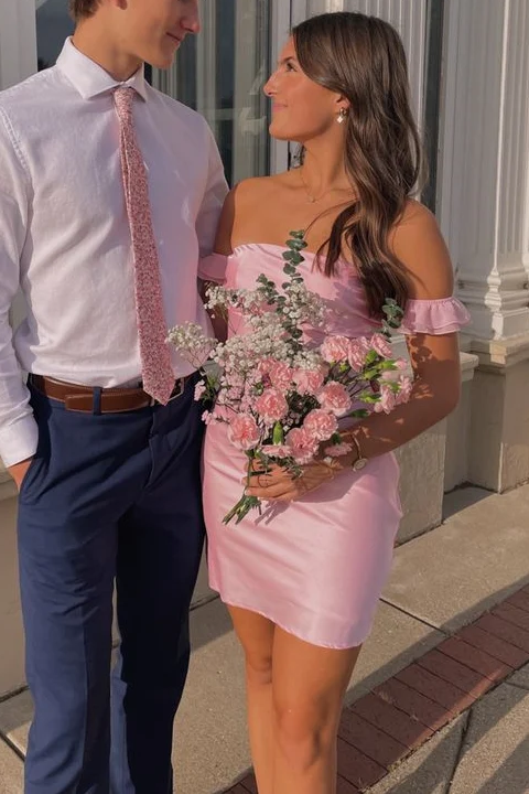 Pink Off-Shoulder Satin Scoop Neck Mini Homecoming Dress
