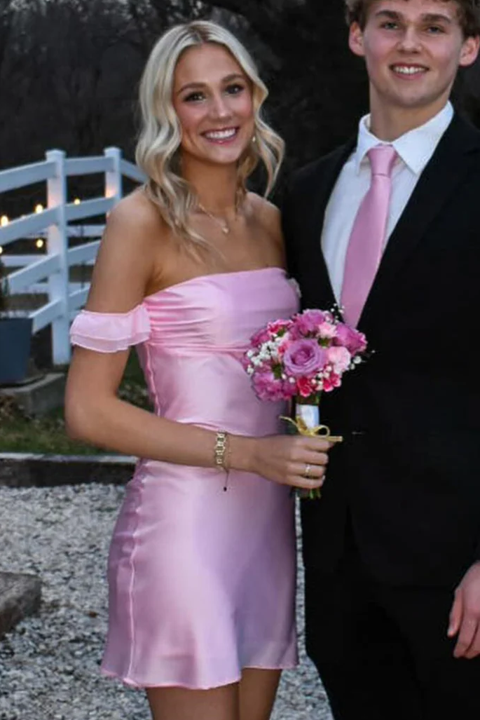 Pink Off-Shoulder Satin Scoop Neck Mini Homecoming Dress