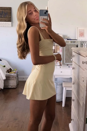 Cute Straps Square Neck Pleats Satin Mini Homecoming Party Dress