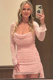 Stunning Pink Cowl Long Sleeves Pearls Short Cocktail Homecoming Dress