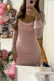 Stunning Pink Cowl Long Sleeves Pearls Short Cocktail Homecoming Dress