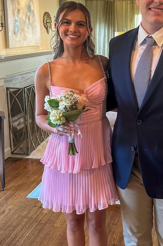 Pink Spaghetti Straps with Beads A-Line Ruffles Chiffon Homecoming Dress