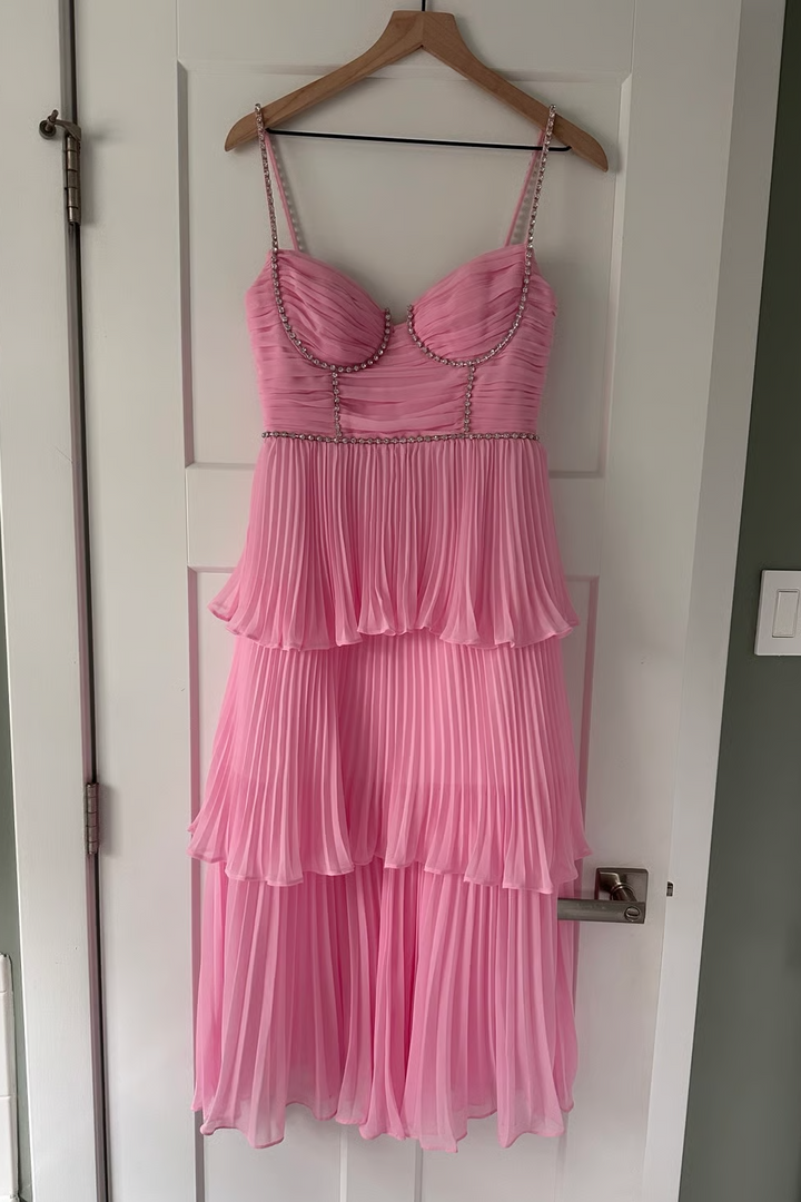 Pink Spaghetti Straps with Beads A-Line Ruffles Chiffon Homecoming Dress