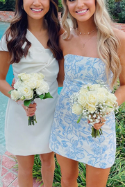 Blue Strapless Sleeveless Flower Print Short Homecoming Dress