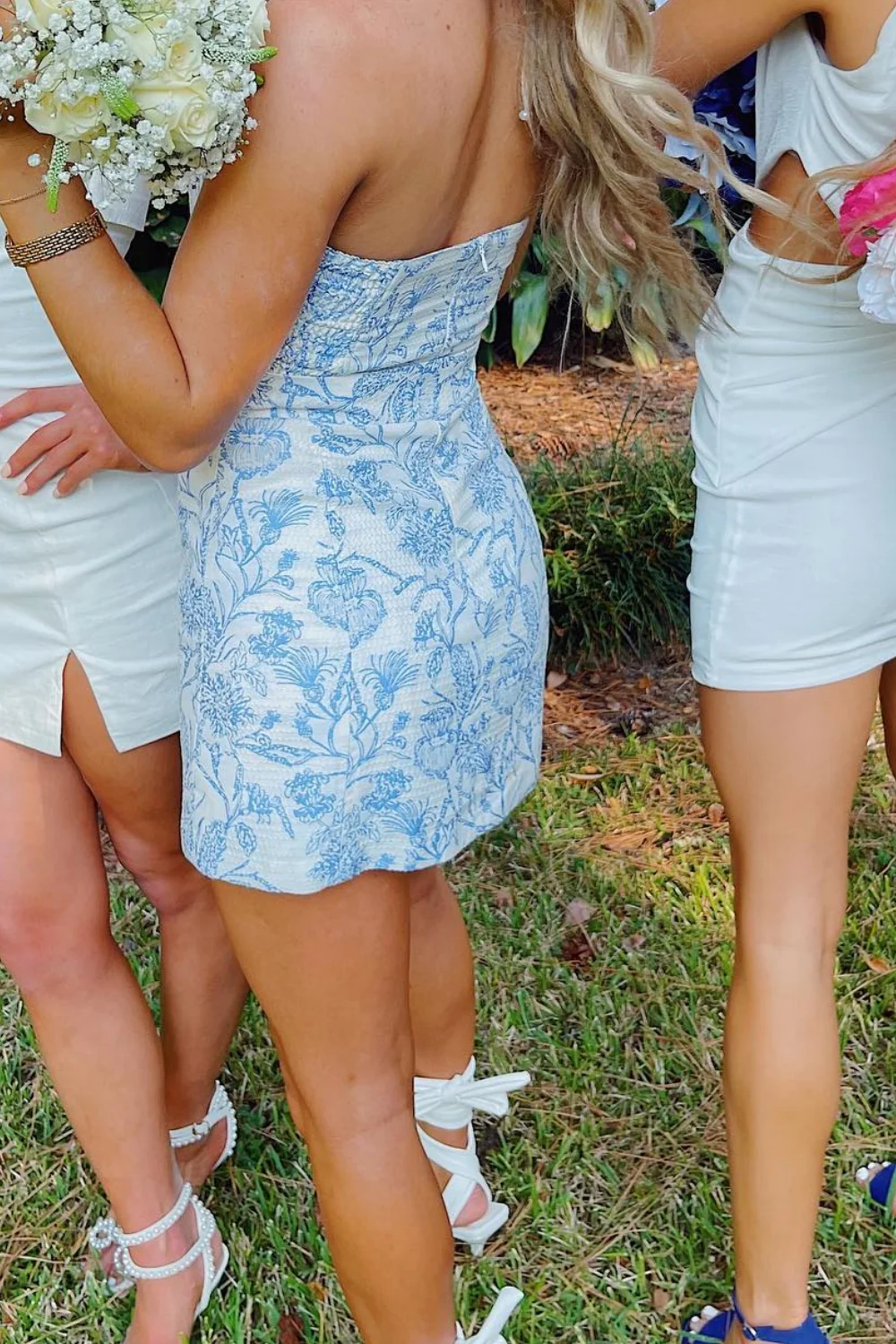 Blue Strapless Sleeveless Flower Print Short Homecoming Dress
