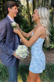 Blue Strapless Sleeveless Flower Print Short Homecoming Dress