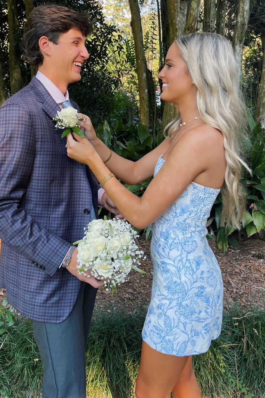 Blue Strapless Sleeveless Flower Print Short Homecoming Dress