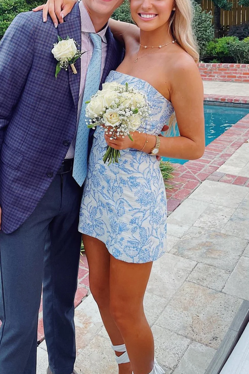 Blue Strapless Sleeveless Flower Print Short Homecoming Dress