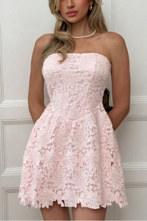 Pink A-Line Empire-Waist Strapless Lace Short Cocktail Homecoming Dress