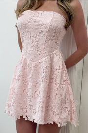 Pink A-Line Empire-Waist Strapless Lace Short Cocktail Homecoming Dress