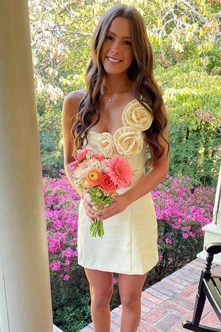Yellow One Shoulder 3D Flower Sheath Satin Sleeveless Homecoming Dress