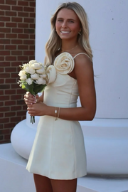 Yellow One Shoulder 3D Flower Sheath Satin Sleeveless Homecoming Dress