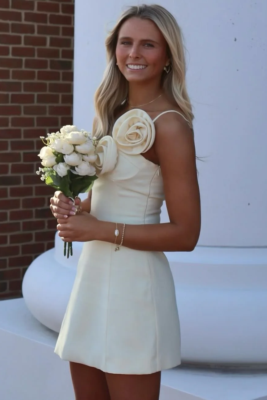 Yellow One Shoulder 3D Flower Sheath Satin Sleeveless Homecoming Dress