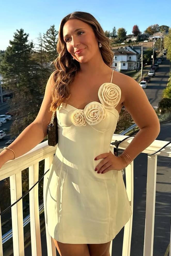 Yellow One Shoulder 3D Flower Sheath Satin Sleeveless Homecoming Dress