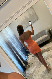 Orange Strapless V-Neck with Appliques Pleats Tight Homecoming Dress