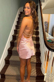 Pink Strapless Scoop Satin Backless with Pearls Short Homecoming Dress