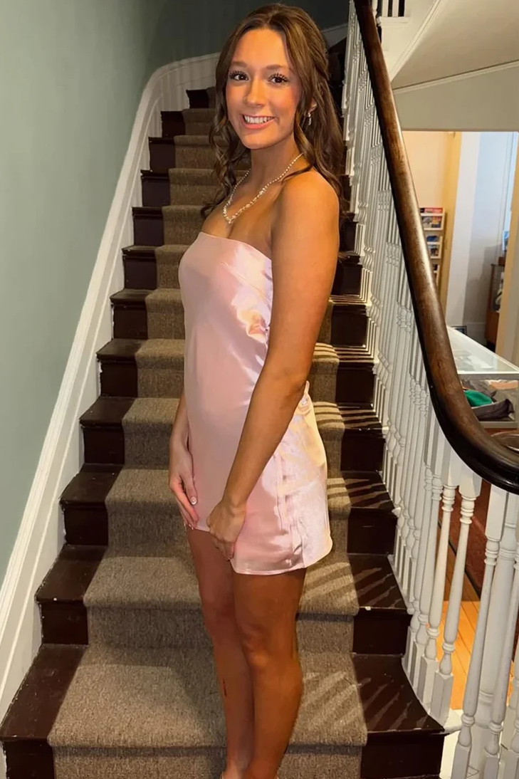 Pink Strapless Scoop Satin Backless with Pearls Short Homecoming Dress