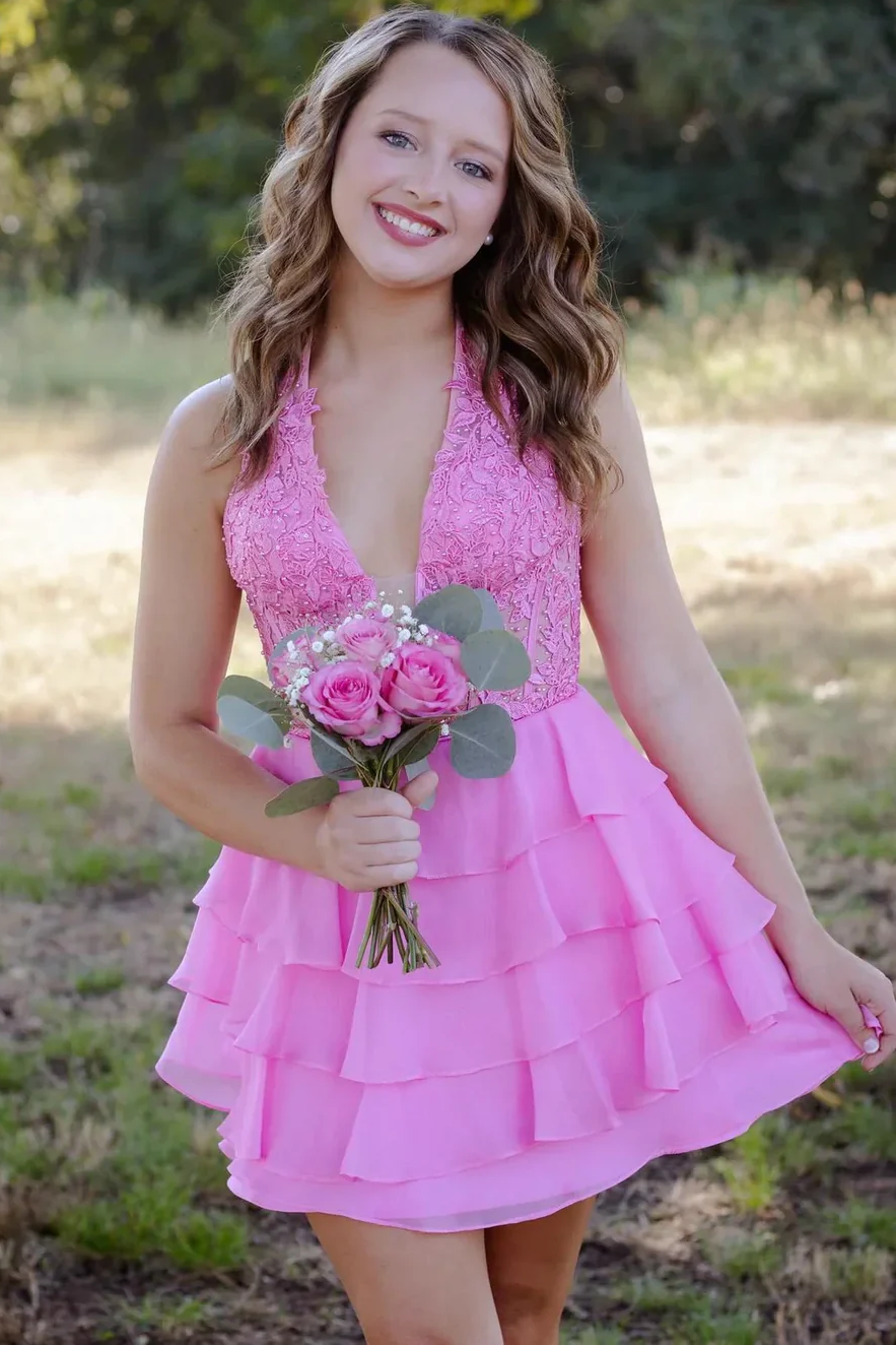Halter V-Neck Multi-Layered Chiffon Short Homecoming Dress