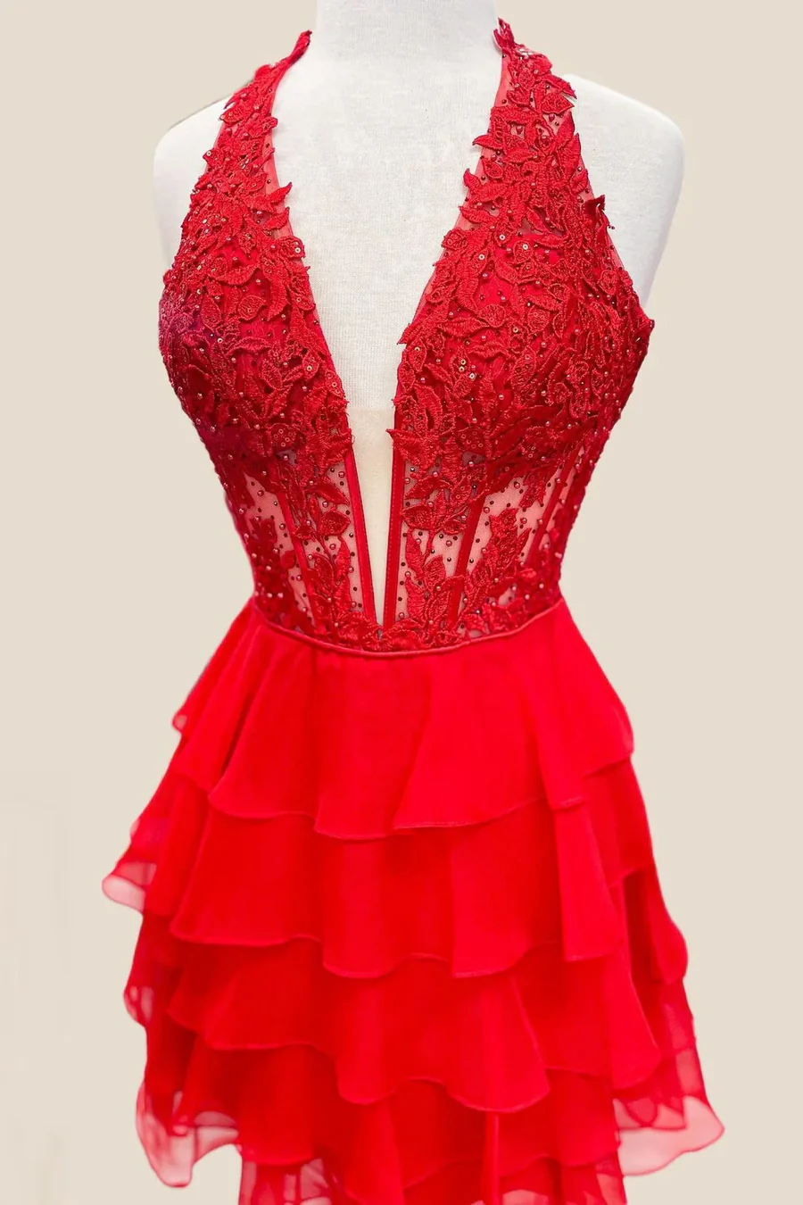 Halter V-Neck Multi-Layered Chiffon Short Homecoming Dress