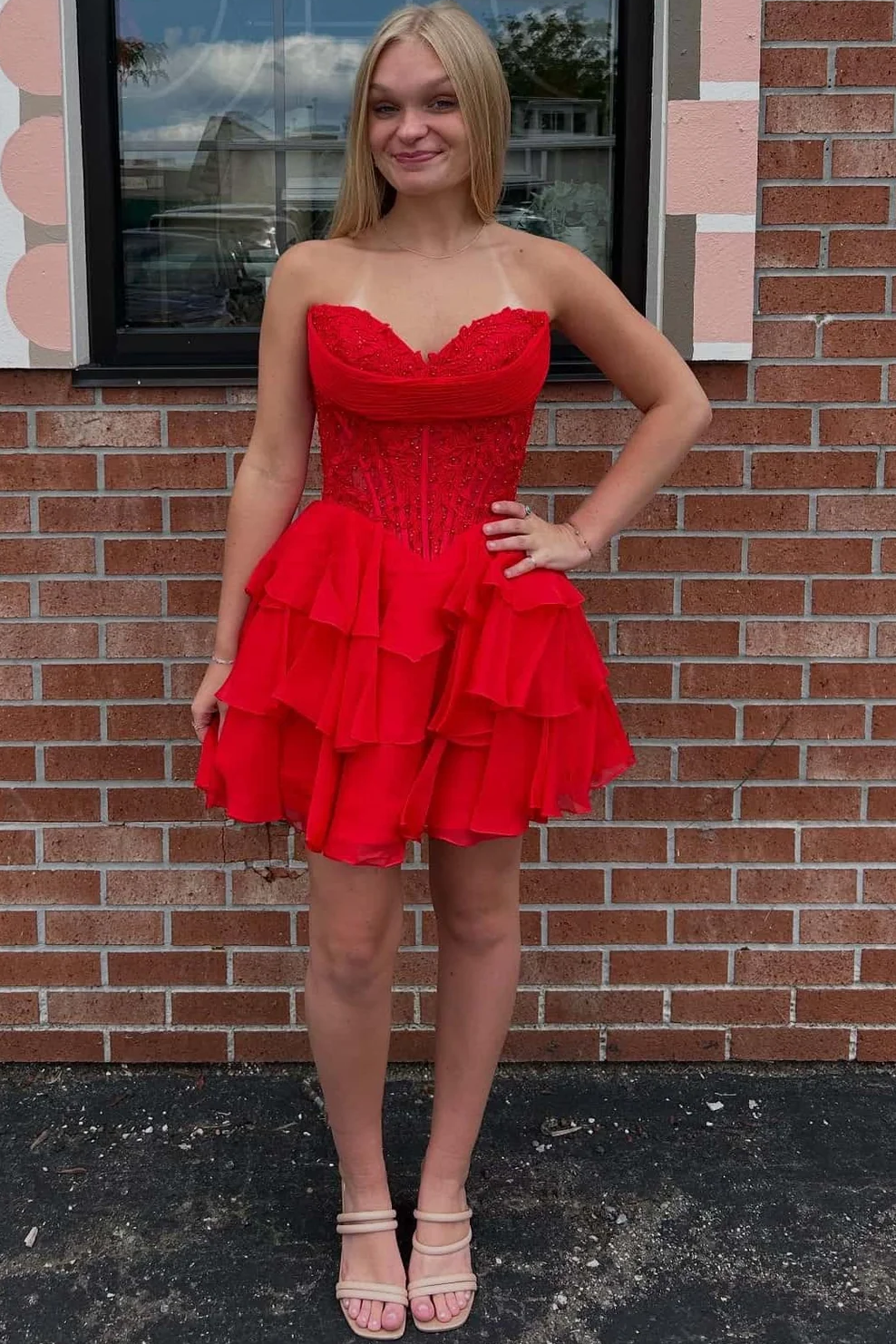 Strapless A-Line Empire-Waist V-Neck Layered Short Homecoming Dress
