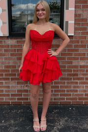 Strapless A-Line Empire-Waist V-Neck Layered Short Homecoming Dress