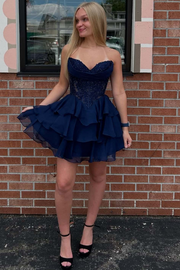Strapless A-Line Empire-Waist V-Neck Layered Short Homecoming Dress