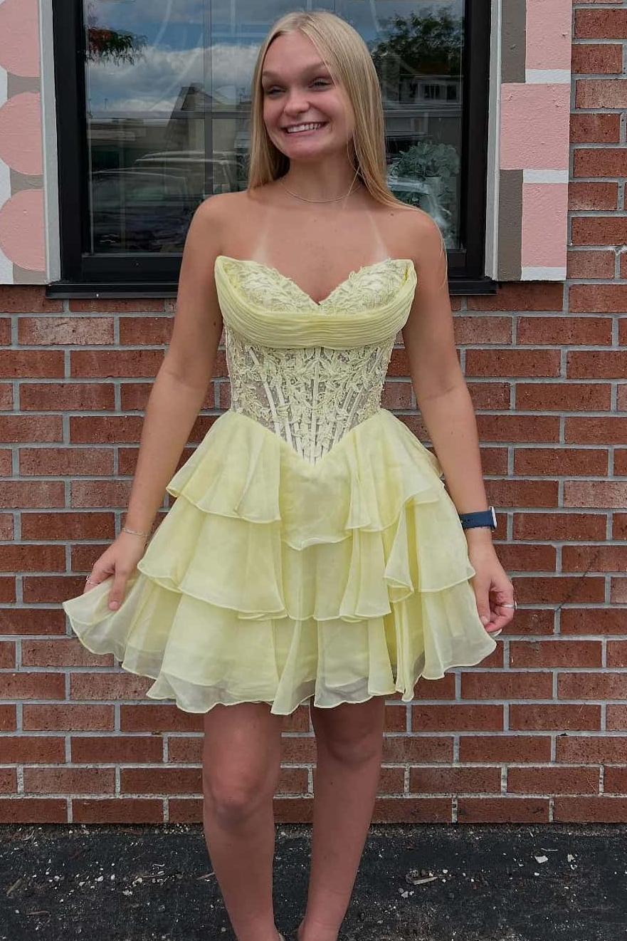 Strapless A-Line Empire-Waist V-Neck Layered Short Homecoming Dress
