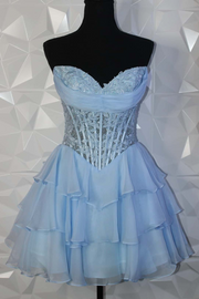 Strapless A-Line Empire-Waist V-Neck Layered Short Homecoming Dress