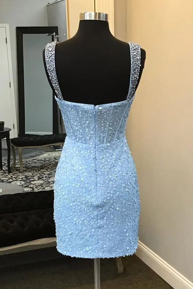 Blue Double Straps Sweetheart Sequins Fitted Short Homecoming Dress