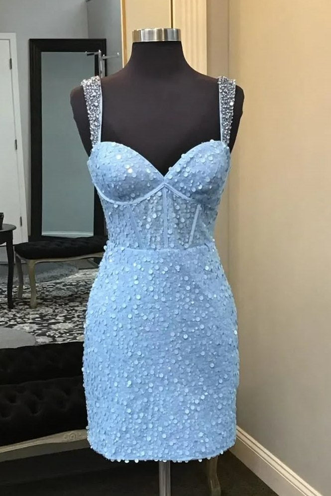 Blue Double Straps Sweetheart Sequins Fitted Short Homecoming Dress