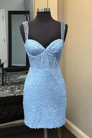 Blue Double Straps Sweetheart Sequins Fitted Short Homecoming Dress