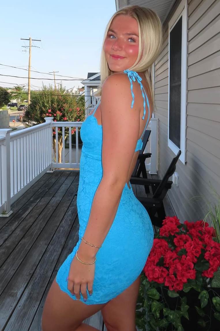 Spaghetti Straps Blue V-Neck Lace Mini Party Homecoming Dress