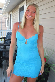 Spaghetti Straps Blue V-Neck Lace Mini Party Homecoming Dress