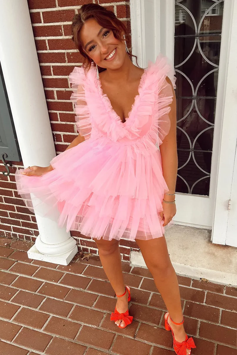 A-Line V-Neck Ruffles Tulle Empire-Waist Sleeveless Homecoming Dress
