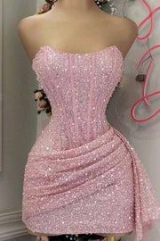 Pink Strapless Scoop Neck Glitter Pleats Mini Homecoming Party Dress