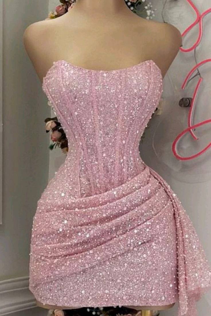 Pink Strapless Scoop Neck Glitter Pleats Mini Homecoming Party Dress