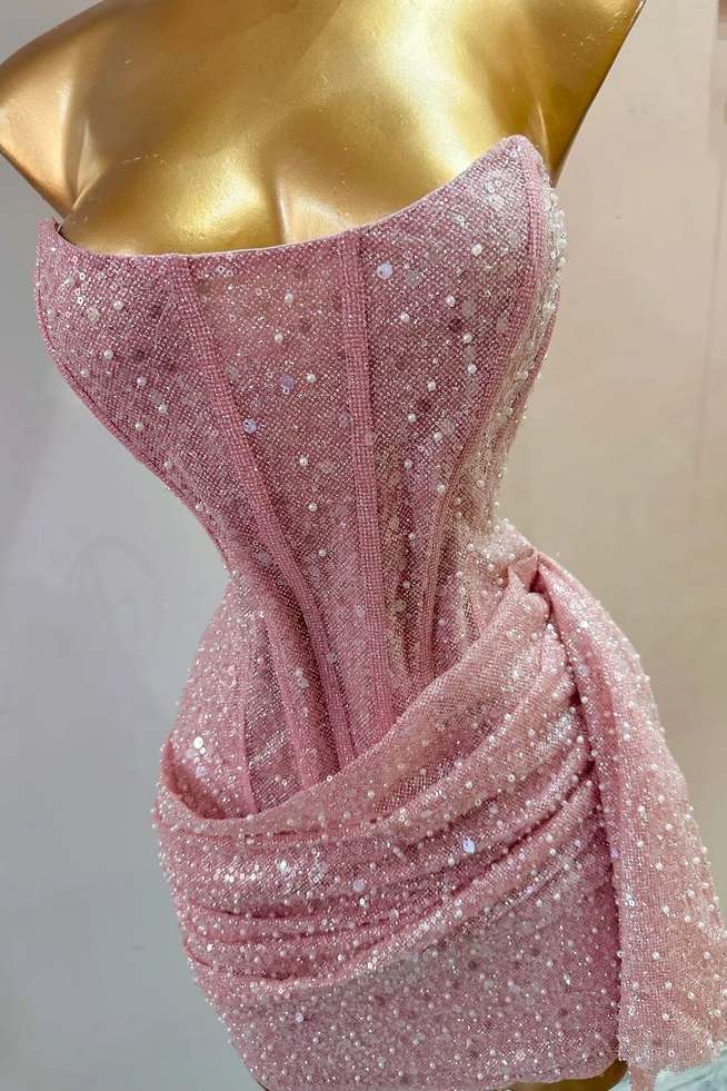 Pink Strapless Scoop Neck Glitter Pleats Mini Homecoming Party Dress