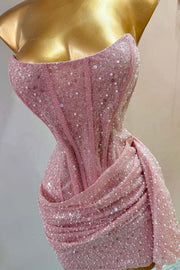Pink Strapless Scoop Neck Glitter Pleats Mini Homecoming Party Dress