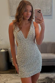 White Straps V-Neck Sleeveless Backless Beads Tight Homecoming Dress