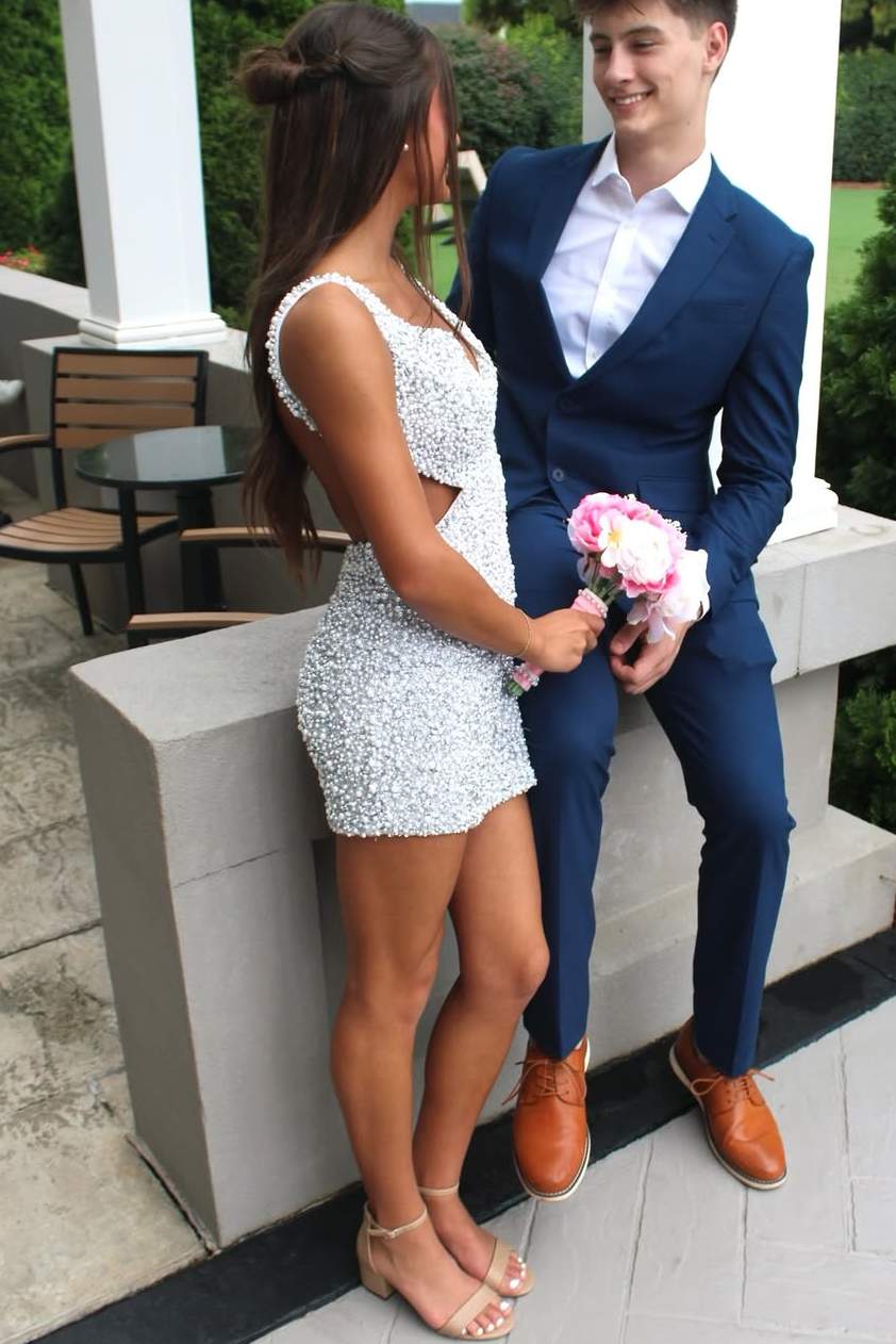 homecoming couples white dress White Blue Floral Homecoming Dress