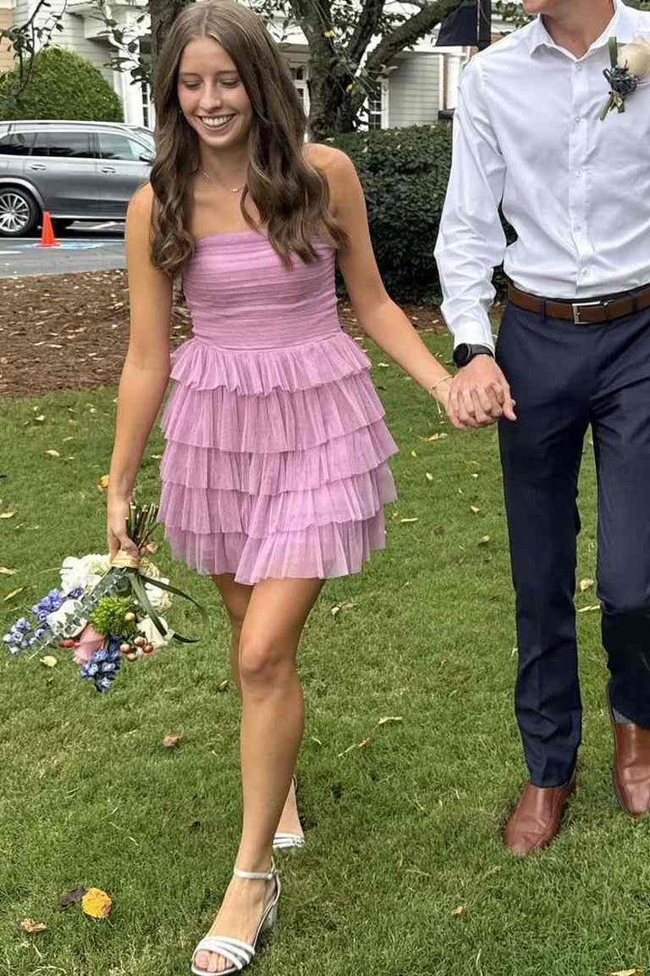 A-Line Empire-Waist Strapless Multi-Layered Tulle Short Homecoming Dress